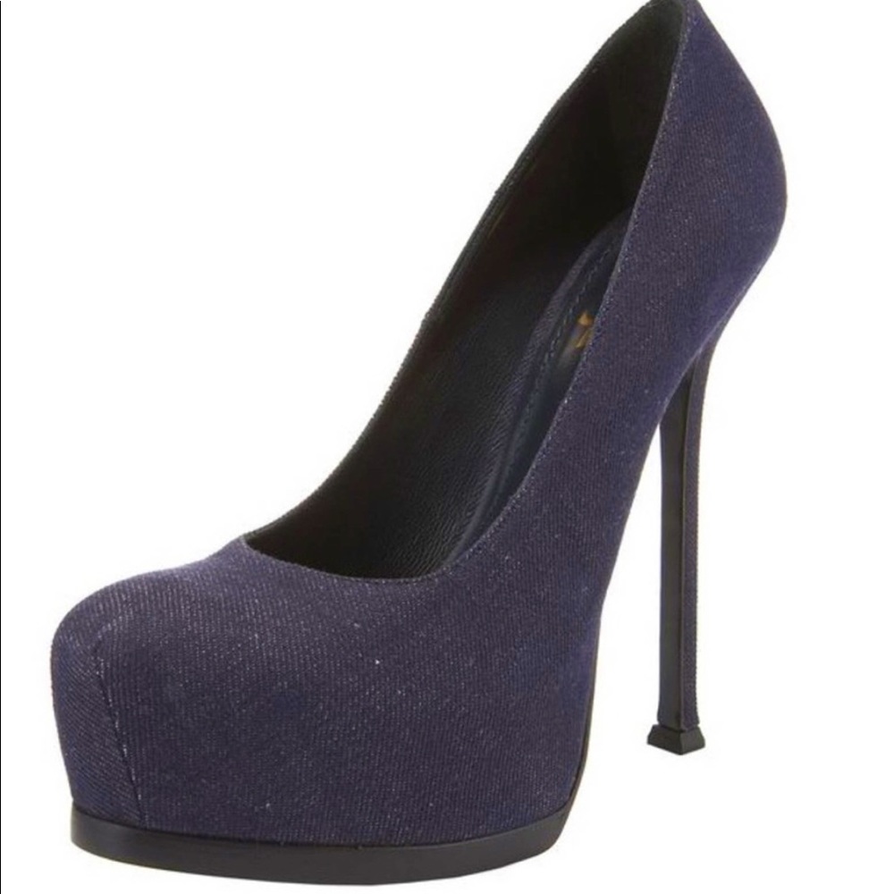YSL Saint Laurant Tribtoo Blue Denim Fabric Platform Pump Size 36